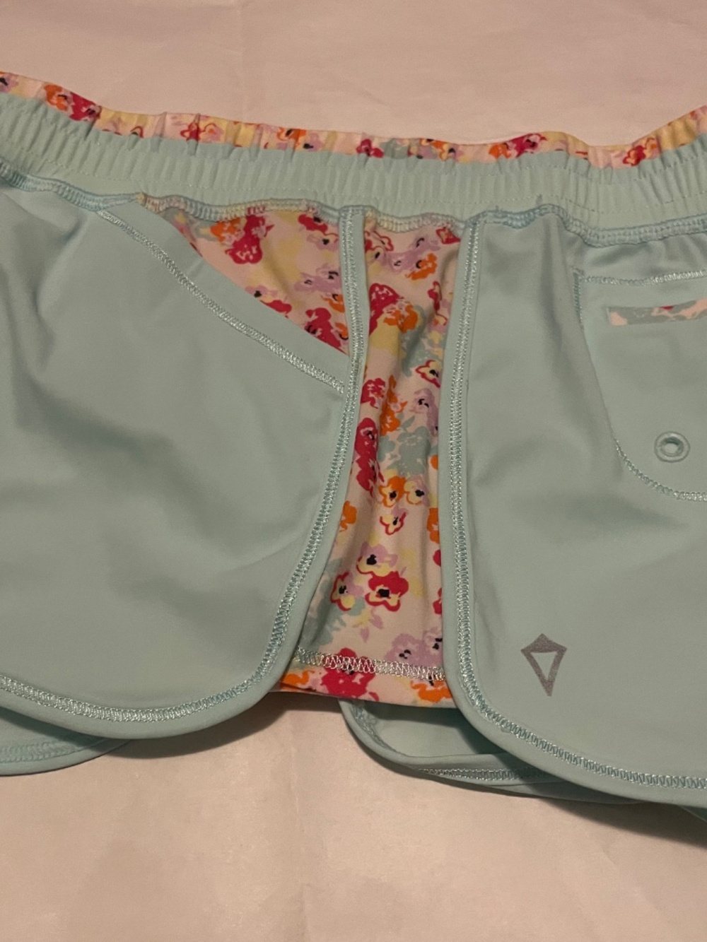 Girls Ivivva Athletic Mint Blue Swim Shorts with Floral Accents